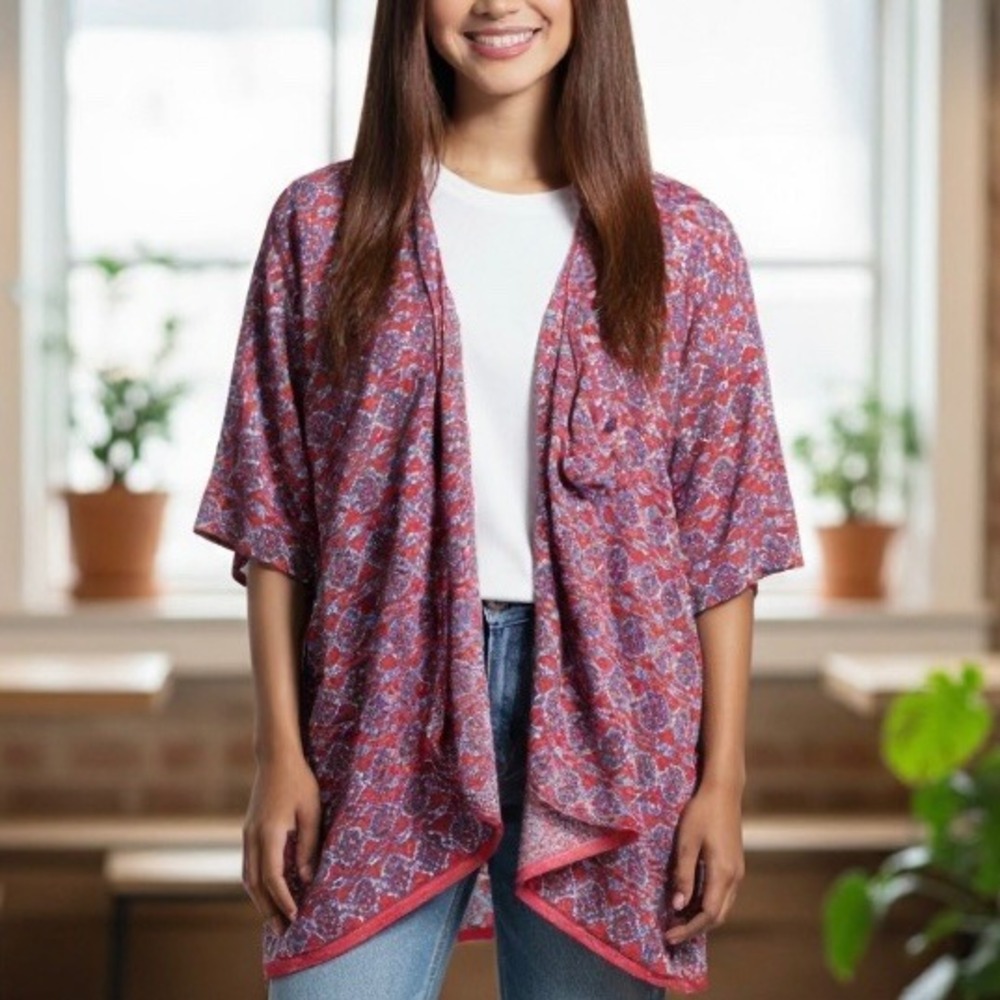 Lularoe Kimono Small‎ Red Blue Paisley Open Front Lightweight Boho Cardigan